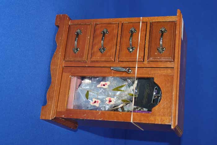 SMALL JEWELLERY CABINET OF COSTUME JEWELLERY
with bead, necklaces, bangles,