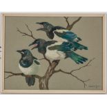 * RALSTON GUDGEON RSW (SCOTTISH 1910 - 1984),
THREE MAGPIES 
oil on paper, signed 
37cm x 49.