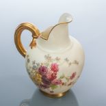 ROYAL WORCESTER FLATBACK JUG
hand-painted with floral scenes, gilt handle and rims,