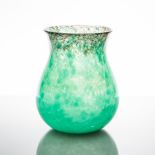 MONART GLASS VASE
with swirled green glass with mottled black upper band, aventurine flecks,