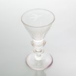 18TH CENTURY WINE GLASS
likely of Scottish manufacture, the tapered conical bowl on baluster stem,