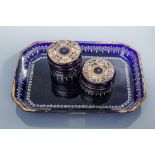 19TH CENTURY BOHEMIAN BLUE GLASS TRAY WITH TWO MATCHING TOILETTE JARS
tray with white enamel