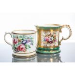 TWO 19TH CENTURY ENGLISH HAND-PAINTED FLORAL MUGS
one example with a green ground,