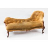 VICTORIAN MAHOGANY CHAISE LONGUE
with upholstered button back seat in gold dralon,