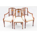 EDWARDIAN MAHOGANY SHERATON REVIVAL PARLOUR SUITE 
with pierced splats,