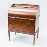 EDWARDIAN MAHOGANY CYLINDER TOP BUREAU
the revolving top enclosing a fitted interior and pullout