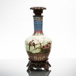 LATE 19TH CENTURY AESTHETIC-STYLE CONTINENTAL ENAMELLED GLASS VASE
mounted in patinated spelter as
