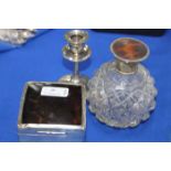 SILVER AND TORTOISESHELL CIGARETTE BOX together with a silver topped crystal perfume bottle and a