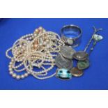 LOT OF SILVER JEWELLERY AND COINS including brooches, pins,