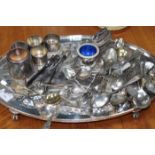 LOT OF SILVER AND SILVER PLATED ITEMS including four silver napkin rings on a plated tray