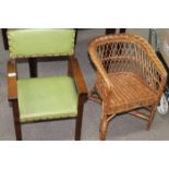 CHILD'S WICKER CHAIR AND A CHILD'S GREEN LEATHER STUDDED MAHOGANY CHAIR (2)