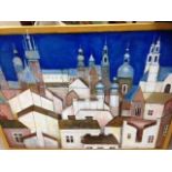 OIL PAINTING DEPICTING A ROOFTOP SCENE signed with monogram MN, signed verso,