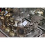 LOT OF PLATED ITEMS AND BRASSWARE including a pair of table pheasants, tea tray,