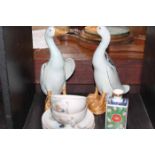 JAPANESE SATSUMA PART SERVICE together with a pair of Chinese celadon figure modelled as ducks,