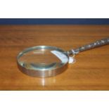 LARGE MAGNIFYING GLASS WITH EMBOSSED SILVER PARASOL HANDLE GRIP
