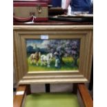JANET THISTLE (EARLY 20TH CENTURY SCOTTISH SCHOOL), MEETING THE PONIES oil on panel, signed,