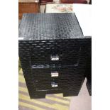 PAIR OF BLACK CONTEMPORARY BEDSIDE TABLES tops with scale-imitation design,
