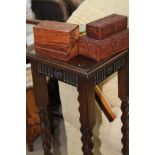 OAK PLANT STAND together with four carved wooden boxes, two barometers,