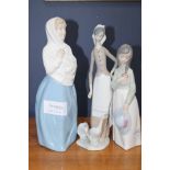 LLADRO FIGURE OF A GIRL WITH TWO GEESE also three other china figures and a pair of silver sugar