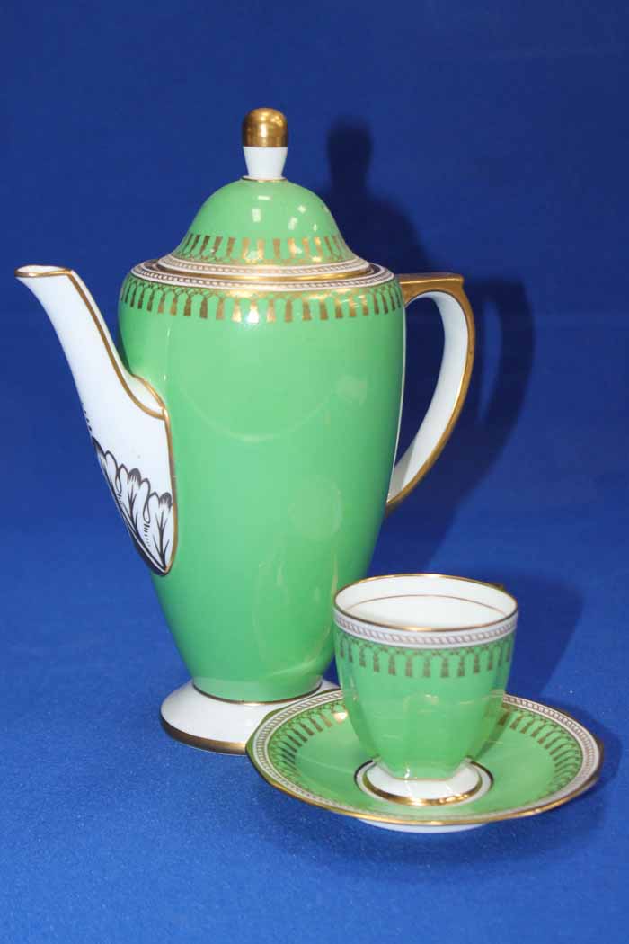 COPELAND SPODE 'RYDE' PART COFFEE SERVICE pattern number 'Y3064', emerald green with gilt detail,