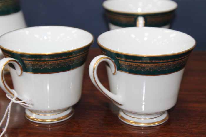 LEGACY BY NORITAKE COVENTRY PATTERN TEA SET teal and gilt borders, five cups, saucers, cream,