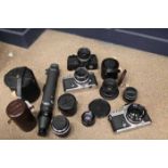 LOT OF CAMERAS AND LENSES including a Zeiss Ikon Contaprox lens, two Nikon Nikkormat FT2 cameras,