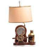 MID-CENTURY NAUTICAL BAROMETER LAMP WITH SHIP'S WHEEL AND SIGNAL LANTERN the unsigned silvered dial