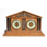 VICTORIAN OAK MANTEL CLOCK AND BAROMETER the unsigned brass full plate key wind movement with