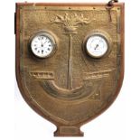 UNUSUAL MAHOGANY AND BRASS GALLEY OF LORN WALL CLOCK AND ANEROID BAROMETER circa 1939,