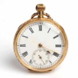 EIGHTEEN CARAT GOLD OPEN FACE FOB WATCH unsigned keyless wind pin-set movement,