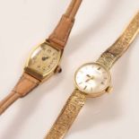 TWO LADY'S GOLD WRISTWATCHES comprising of an eighteen carat gold art deco watch,