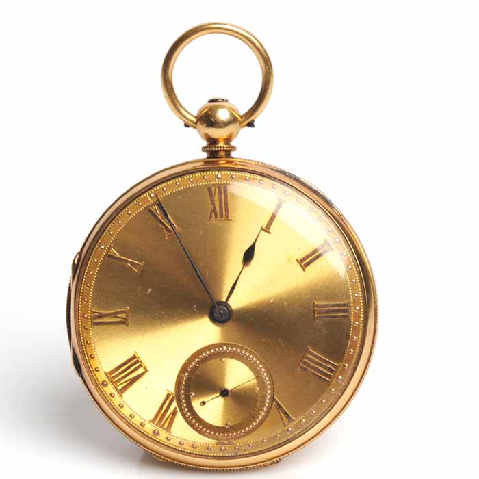 MID-SIZE EIGHTEEN CARAT GOLD OPEN FACE POCKET WATCH the unsigned key movement numbered 5093,