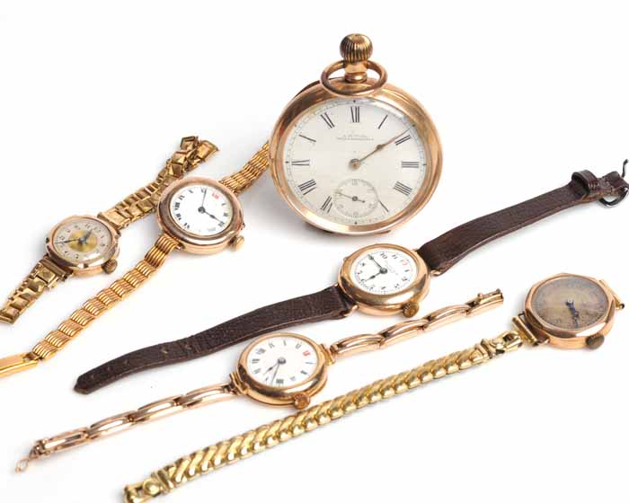 GROUP OF FIVE EARLY TWENTIETH CENTURY LADY'S COCKTAIL WATCHES each marked for nine carat gold,