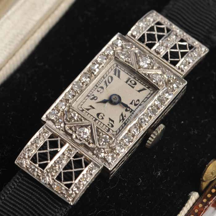 LADY'S ART DECO PLATINUM AND DIAMOND COCKTAIL WATCH unsigned seventeen jewels manual wind movement