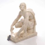 VICTORIAN WHITE MARBLE FIGURE OF A SEATED WARRIOR on a fixed oblong base,