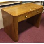 ART DECO WALNUT WRITING TABLE the 'D' shaped top with two frieze drawers with original half ball