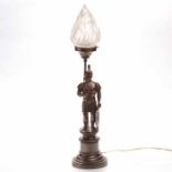 VICTORIAN BRONZED SPELTER TABLE LAMP in the form of a Roman soldier, with spear and shield,