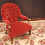 VICTORIAN BUTTON BACK OPEN ELBOW CHAIR upholstered in crimson velvet, with moulded arm terminals,