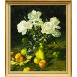 * ALEXANDER MACPHERSON VPRSW (SCOTTISH 1904 - 1970), WHITE ROSES AND FRUIT oil on canvas board,