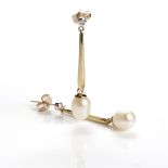 PAIR OF DIAMOND AND PEARL DROP EARRINGS each with a single ovoid white pearl 8mm long,