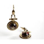 PAIR OF VICTORIAN GARNET AND DIAMOND SET DROP EARRINGS each with a large cabochon garnet,