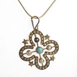 VICTORIAN TURQUOISE AND SEED PEARL PENDANT of stylised floral form,