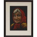 GRAHAM MCKEAN, BARGAIN HUNTER WITH RED SCARF pastel on paper, signed 42cm x 30cm Mounted,