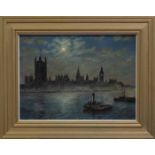 * GEOFFREY STONE (BRITISH 1931 - 2005), THE HOUSES OF PARLIAMENT IN MOONLIGHT oil on board,