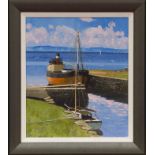 * FRANK COLCLOUGH, PUFFER AT CORRIE PORT, ARRAN oil on canvas, signed,