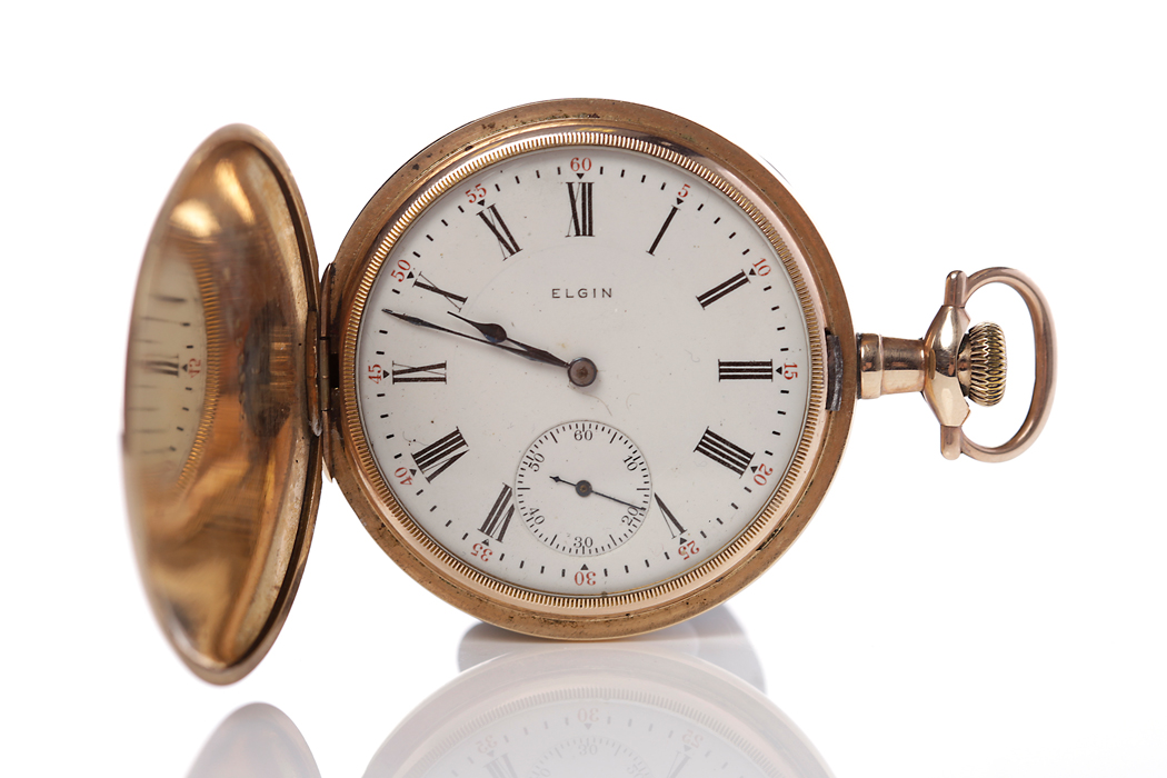 GENTELMAN'S ROLLED GOLD FULL HUNTER ELGIN POCKET WATCH signed seventeen jewels keyless wind