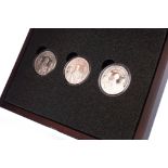 A TRIBUTE TO THE ARMED SERVICES SILVER PROOF £5 COIN SET with three coins, in a fitted case,