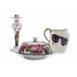 WEMYSS WARE PINK CABBAGE ROSE PATTERN MUFFIN DISH AND COVER base with painted teal 'Wemyss',