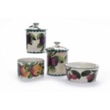 TWO WEMYSS WARE POTS WITH COVERS both decorated with Victoria plums with teal borders,