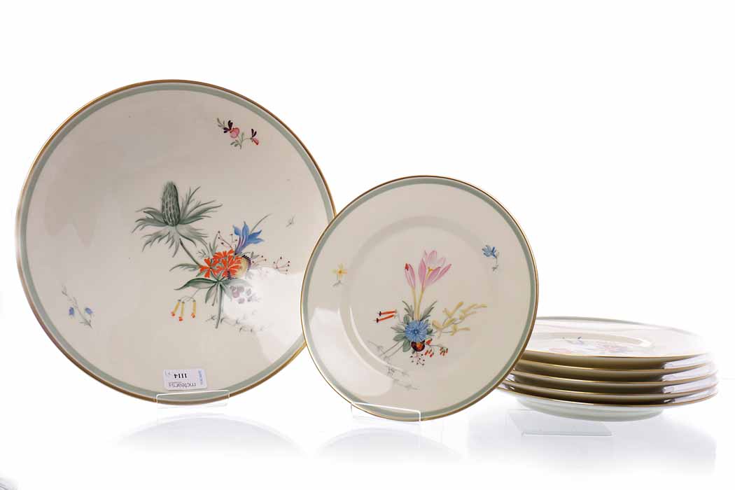 SET OF SIX ROYAL COPENHAGEN FLORAL DESSERT PLATES AND FRUIT BOWL all decorated with hand painted